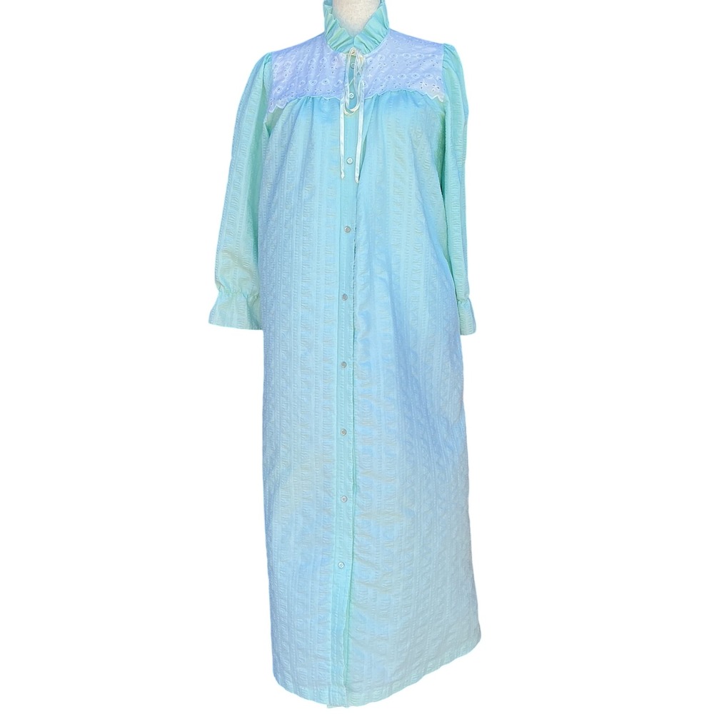 Vtg Sears Apostrophe Robe Womens M Mint Green Eyelet Lace Seersucker Cottagecore